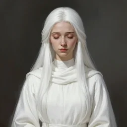 benevolent lady, closed eyes, graceful, modest white gown, white scarf, high collar, kindness, sadness, long white hair, straight hair, long shot, highly detailed, digital painting, artstation, concept art, sharp focus, illustration, 1 2 3 4, art mark brooks and luis royo