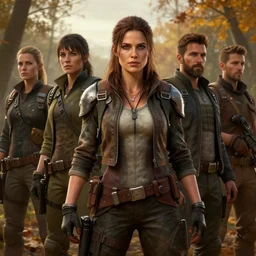 fallout 5, charismatic brunette rugged female protagonist, portrait, atmospheric lighting, painted, intricate, volumetric lighting, beautiful, daytime, autumn, slight overcast, sharp focus, ultra detailed, by leesha hannigan, ross tran, thierry doizon, kai carpenter, ignacio fernandez rios