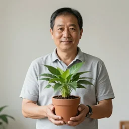 portrait of a middle aged man holding a plant pot