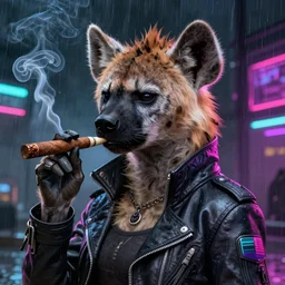 digital painting of anthromorphic hyena female smoking cigarrete in cyberpunk style, fursona, furry fandom, furaffinity, neon rainy cyberpunk setting, anthro, wearing cyberpunk leather jacket, detailed face,
