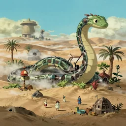 a cell shaded movie still from a studio ghibli cartoon showing a highly detailed landscape with a giant mechanical snake from howl's moving castle in an oasis in the desert. misty, depth perception, 4 k