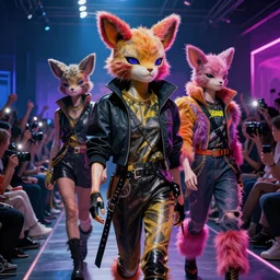 cyberpunk fashion show featuring rejected mascots, digital painting, masterpiece, intricate detail, beautiful, gorgeous, cinematic, dramatic neon lighting, a cheering crowd, camera flashes from the crowd, 4k wallpaper, concept art