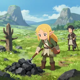 scenic wide angle portrait of an elf mining for coal, a cute outfit, somewhat of an anime in fantasy style, trending artwork, made with anime painter studio, by anato finstark, tony sart and an anime artist, collaboration
