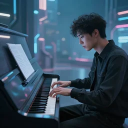 a man playing futuristic piano in a cyberpunk world