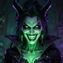a portrait photo of a poison themed female villain, glowing green, poison dripping, poison teeth, detailed character design, symmetrical face, purple highlights