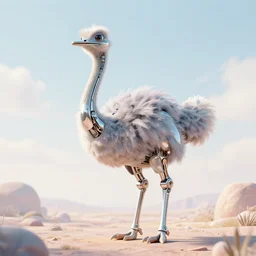 a modern cybernetic ostrich made from porcelain and steel, insane reflexions, pastel colored, daylight, peaceful, 8 k, ambient occlusion, octane render