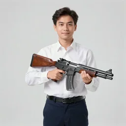 german AI public relations representative holding a tommygun