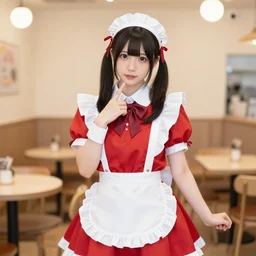 a japanese idol dressed in red maid costume in a maid cafe, cute pose, 8 k, photography,