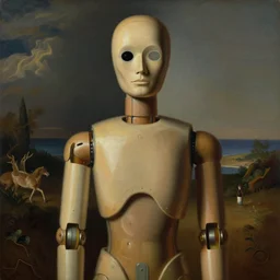 [a portrait of a crash test dummy in a scenic environment by Giorgio de Chirico, Rene Magritte, George Tooker, Titian]