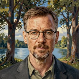 an optical illusion painting of Walter white amidst a painting of trees water and sky