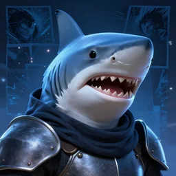 portrait of a knight with the face of a white shark, mattepainting concept blizzard pixar maya engine on cold night stylized background splash comics global illumination lighting artstation lois van baarle, ilya kuvshinov, rossdraws