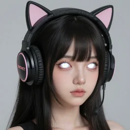 Portrait of an Anime girl wearing cat ear headphones, flaming white eyes, black hair, extreme details, soft lighting, realistic octane render, 8k