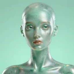 facial portrait of a gelatin female humanoid, mint background, deep focus, intricate, elegant, highly detailed, photo, 8 0 s, artstation, 8 k, sharp focus, subsurface scattering, global illumination, radiant
