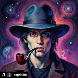 a painting of a person with a hat and a pipe, digital art by Gabriel Ba, featured on instagram, psychedelic art, art on instagram, cosmic horror, psychedelic