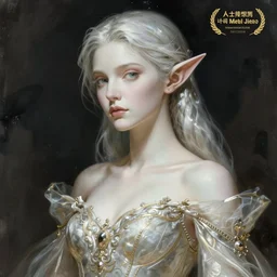 character concept portrait of a woman with pointy ears and an elegant gown, pale face, intricate, elegant, digital painting, concept art, smooth, sharp focus, illustration, from Metal Gear, by Ruan Jia and Mandy Jurgens and William-Adolphe Bouguereau, Artgerm