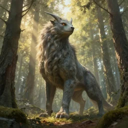 mythical beast monster in a swedish forest, very low angle photograph, very detailed, trending on artstation, realistic, soft colors, rays of golden sunlight, art by simon stalenhag and greg rutkowski