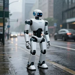 robot on the road, city, photo, rain, rain, rain,