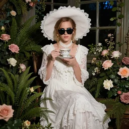wearing sunglasses wall full body fashion model emma watson smokey eyes makeup eye shadow fantasy, glow, shimmer as victorian woman in a long white frilly lace dress and a large white hat having tea in a sunroom filled with flowers, roses and lush fern flowers ,intricate, night, highly detailed, dramatic lighting , high quality