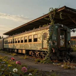 a derelict old train station. golden hour. matte painting. steampunk. cyberpunk. flowers. vines. weeds. moss. rembrandt. jeff koonz