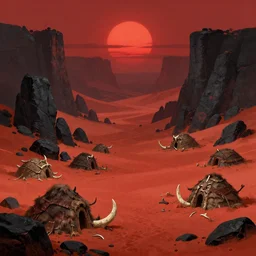 Orc City in a red sand wasteland with black rocks and cliffs. Red sun. Tusks, bones, leather, hide huts. a fantasy digital painting by Greg Rutkowski and James Gurney, trending on Artstation, highly detailed