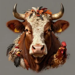 a hyper detailed full face portrait of joaquin phoenix as the king of animals, cow, pig, sheep, chicken feathers, horror, by anna podedworna, by miklos ligeti, by diego maricato, by taran fiddler, on artstation