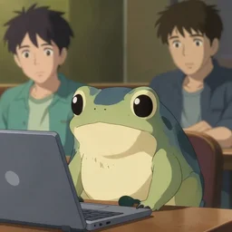 toad, in front of a laptop, makoto shinkai, james gilleard, ilya kuvshinov, very detailed, matte, gaussian blur, tone mapped