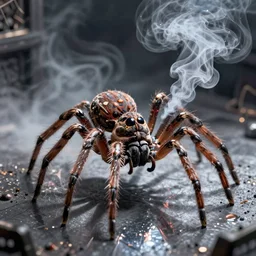 an adorable spider exhaling smoke in a smoke filled room, comic art, ultra high resolution, high detail, particle reflections, surface reflections