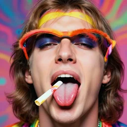 a colorful vibrant closeup portrait of a Rolling Stones licking a tab of LSD acid on his tongue and dreaming psychedelic hallucinations, by kawase hasui, moebius, Edward Hopper and James Gilleard, Zdzislaw Beksinski, Steven Outram colorful flat surreal design, hd, 8k, artstation