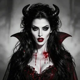 a highly detailed professional portrait of a female vampire, photo by annie liebovitz, beautiful model, dramatic lighting, otherworldly, blood dripping, morbid, gothic, creepy, black and white and red, dark aesthetic, ominous, intricate design, detailed shiny hair, demonic goddess vampire, dripping paint, pen markings, atmospheric,