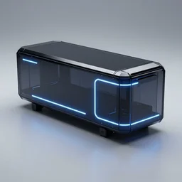 photo of a dark glass and plastic futuristic aerodynamic rectangular box car with neon lights, studio lighting, spaceship design, hard surfaces