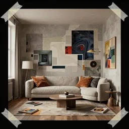 rendered in blender constructivism in beautiful room, music abstract, black background, collage paper and tape, photo collage, high resolution, cinematic, unreal 6, breathtaking detailed, by cornell joseph