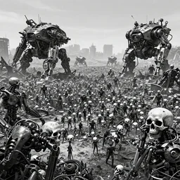 cyberpunk wasteland vast area with thousands skulls of humans and robots and broken war machine mechs, trending on artstation hq, deviantart, unreal engine 5, 4 k uhd image, full 3 d, hyperrealistic dmt style, only high contrast colour of black and white, movie poster style, move still