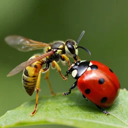 “ close up of a wasp fighting a ladybug, macro ”