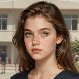 a beautiful girl, brown hair, green eyes, elegant, highly detailed, digital painting, artstation, detailed school background, matte, sharp focus, illustration, art by artgerm, greg rutkowski, sasoura, satchely, no distorsion
