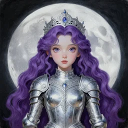 painting of cute prophetess of the moon, silver filigree armor and tiara, moon above head, purple wavy hair, smooth translucent skin, wide striking eyes, beautiful! coherent! symmetrical body, by brom, by junji ito, by brian froud, strong line, high contrast, muted color, preraphaelite style, 4 k, trending on artstation