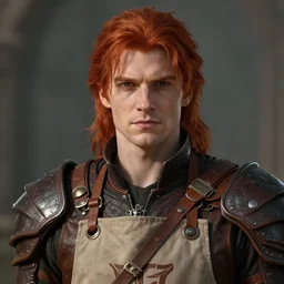 masterpiece closeup portrait of a young man with red hair in leather armor with an apron by Greg Rutkowski, 4k, masterpiece, cinematic, dungeons and dragons, detailed