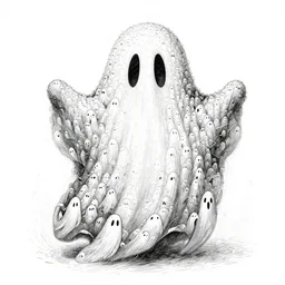 sketched ghost made entirely of tiny ghosts, black and white sketch, highly intricate, tiny details, white background, 8 k, maximalist, extremely detailed