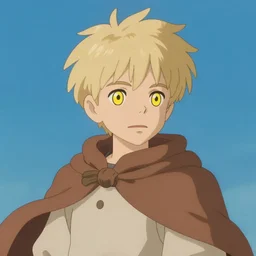 blonde boy with yellow eyes wearing a brown cape, in the style of studio ghibli, j. c. leyendecker, greg rutkowski, artgerm