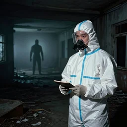 news reporter in a hazmat suit 1 9 9 0 s news found footage of an abandoned soviet downtown with a humanoid scp hidden in background, liminal space, backrooms, scp, film grain, rundown, eerie, dark lighting, 3 5 mm, realistic, photograph, hazmat suits, foggy, silent hill style, detailed, hyperrealistic