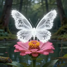 a butterfly made of white colored fire sitting on a pink flower in the woods next to a pond, concept art by Doug Chiang cinematic, realistic painting, high definition, digital art, symmetrical, very detailed, extremely high detail, photo realistic, concept art, unreal engine 5,