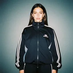 realistic! photoshoot for a new balenciaga lookbook, color film photography, portrait of a beautiful woman wearing a track suit, photo in style of tyler mitchell, y2k!!!, 35mm lens