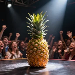 a pineapple on a stage with a spotlight shining at it while sold-out crowd erupts in laughter