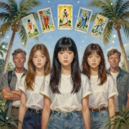 a ultradetailed beautiful painting of a german japanese girl in amazonas by hsiao ron cheng, ngai victo, nivanh chanthara jean delville wlop and dougherty patrick, trending on artstation, mediterranean, palm trees, light sparkles, major arcana sky, sharp focus, soft light