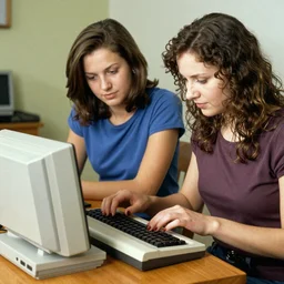 two women assembling a comodore 64 computer, Ukraine. photography