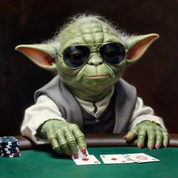 yoda paying poker, with aviator sunglasses on his face, painting by gaston bussiere, craig mullins