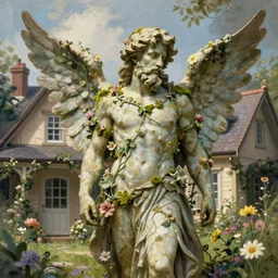a majestic winged male garden angel with a mossy beard, he is covered in vines and flowers standing in front of a beautiful cottage, a digital painting by thomas canty and thomas kincade and ross tran, art nouveau, atmospheric lighting, trending on artstation