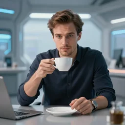 startup CEO having a cup of tea. Handsome!!!!!!! sci-fi concept art photorealistic!!!!!