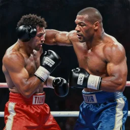 oil painting of mike tyson landing a knockout punch. in the style of leroy neiman. dramatic lighting. award winning cinematography.
