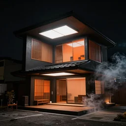 photo of the exterior of a futuristic japanese house, dramatic lighting, smoke, ceiling fluorescent lighting, black and orange colour palette
