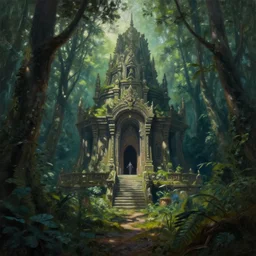 a alien temple hidden in deep forest, volumetric lighting, volumetric shadows, photorealistic, realistic oil painting by tomas sanchez and grey rutkowski - h 7 6 8
